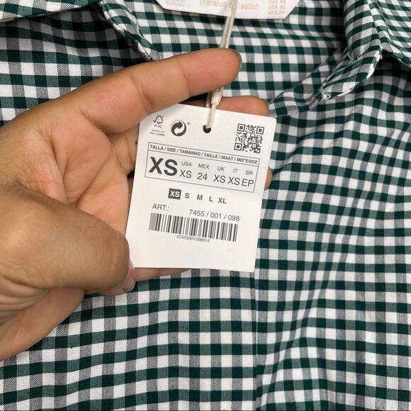 Zara Womens Top Size XS Checkered Green & White Button Down Long Sleeve Shirt - Picture 5 of 15